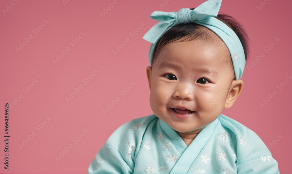 A baby in a blue kimono smiles for the camera against a pink background A baby in a blue kimono smiles for the camera against a pink background