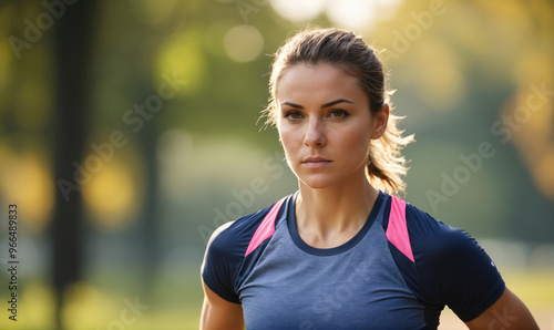 A woman in a blue shirt and pink accents walks confidently through a park with a determined look on her face