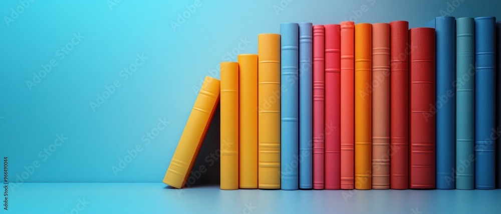 A Row of Colorful Books Against a Light Blue Background A Row of Colorful Books Against a Light Blue Background