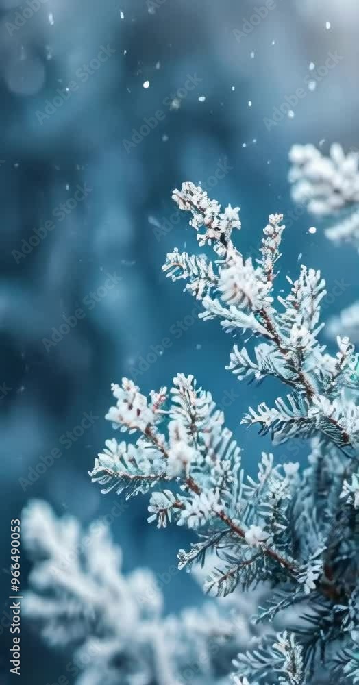 A close up of a tree branch covered in snow. Concept of tranquility and peacefulness, as the snowflakes gently fall on the branch, creating a serene atmosphere A close up of a tree branch covered in snow. Concept of tranquility and peacefulness, as the snowflakes gently fall on the branch, creating a serene atmosphere