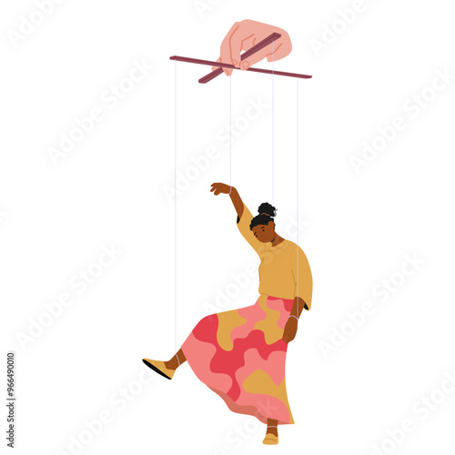 Cartoon Female Character Manipulated By A Puppeteer Hand. Vector Illustration Shows Control And Influence Over People