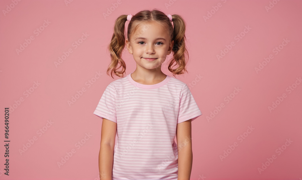 A young girl with pigtails smiles while wearing a striped shirt in front of a pink background A young girl with pigtails smiles while wearing a striped shirt in front of a pink background