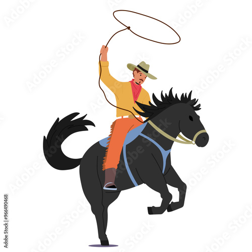 Cartoon Cowboy Male Character Wearing Hat And Boots, Riding A Horse While Lassoing. Image Conveys Action