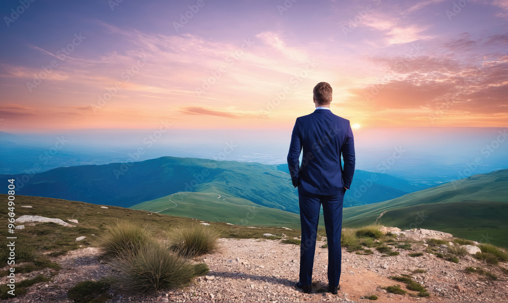 A man in a suit stands on a mountaintop, looking out at a scenic view of rolling hills at sunset A man in a suit stands on a mountaintop, looking out at a scenic view of rolling hills at sunset