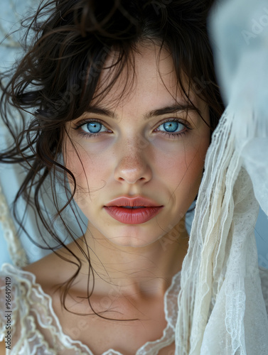 A woman with blue eyes and a white veil over her head