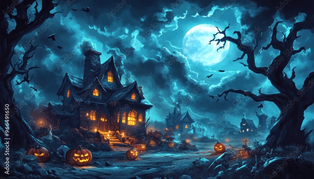 Haunted House with Jack-o'-Lanterns and Full Moon in a Dark Forest Haunted House with Jack-o'-Lanterns and Full Moon in a Dark Forest