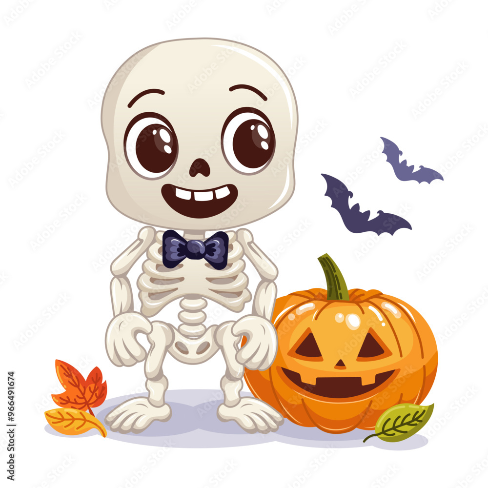 Cute cartoon skeleton with a carved pumpkin and colorful autumn leaves. Fun and playful Halloween vector illustration Cute cartoon skeleton with a carved pumpkin and colorful autumn leaves. Fun and playful Halloween vector illustration