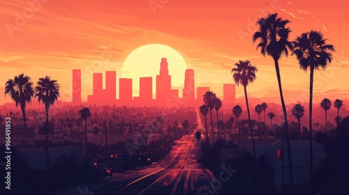 Los Angeles with plam trees on sunset illustration 