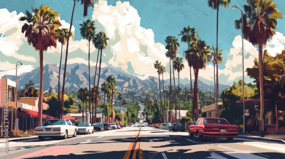 Naklejka premium Los Angeles with plam trees on sunset illustration 