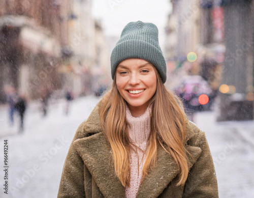 Portrait of Beautiful Happy Woman Outdoors in City During Winter