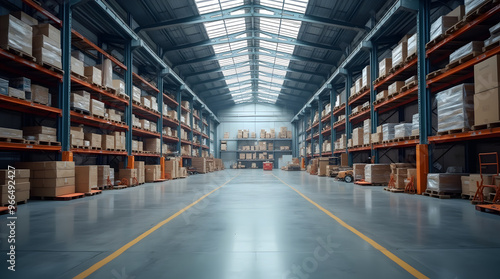 Warehouse interior with rows of shelves and pallets. Industrial background 