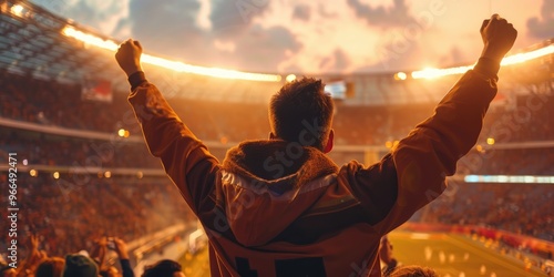 Enthusiastic sports supporter cheering with raised arms at stadium during game