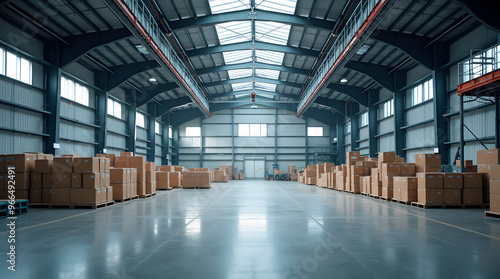 Warehouse interior with rows of shelves and pallets. Industrial background 