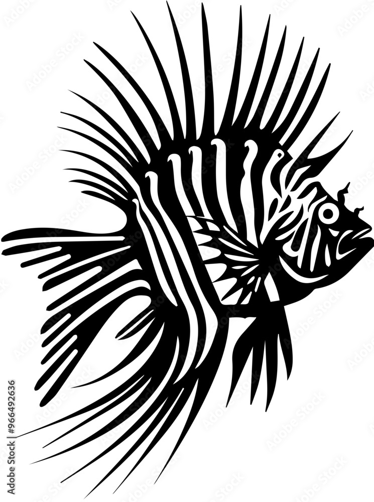 Complex black and white icon in the shape of a fish Complex black and white icon in the shape of a fish