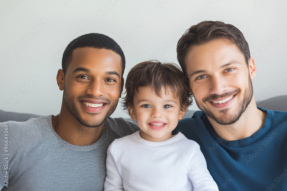 A loving family portrait featuring two men of different races with their young child, smiling warmly in a cozy home, symbolizing family diversity, inclusivity, and equality A loving family portrait featuring two men of different races with their young child, smiling warmly in a cozy home, symbolizing family diversity, inclusivity, and equality