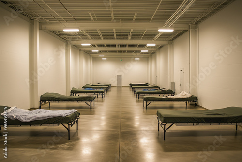 disaster relief shelter with rows of neatly arranged cots in a spacious, minimalist room. Simple layout and bright lighting create a calm and organized atmosphere, emphasizing support and readiness photo