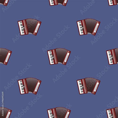 Accordion Musical Instrument on Blue Background, Seamless Pattern Modern. Vector