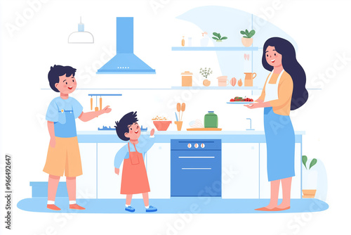 A happy family cooking together in a modern kitchen; the mother serves pasta while the children help with the preparation in a bright, organized kitchen filled with warmth and joy