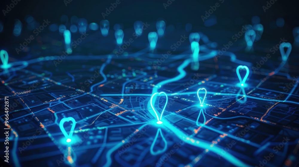 Digital City Map With Glowing Location Pins Digital City Map With Glowing Location Pins
