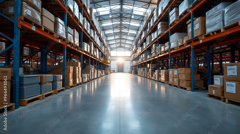 Warehouse interior with rows of shelves and pallets. Industrial background Warehouse interior with rows of shelves and pallets. Industrial background