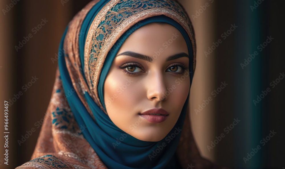 A woman in a blue and brown patterned headscarf looks directly at the camera A woman in a blue and brown patterned headscarf looks directly at the camera