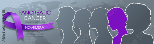 Pancreatic Cancer Awareness Month. Horizontal banner with a purple ribbon, space for text, and diverse people. Vector flat illustration.
