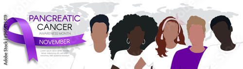 Pancreatic Cancer Awareness Month. Horizontal banner with a purple ribbon, space for text, and diverse people. Vector flat illustration.