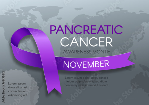 Pancreatic Cancer Awareness Month. Horizontal banner with a purple ribbon, space for text. Vector flat illustration.