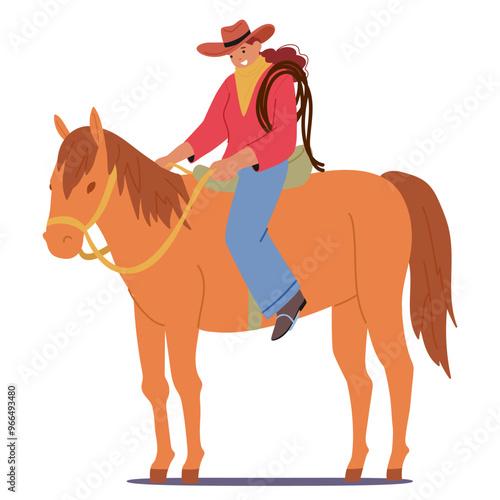 Cartoon Cowboy Female Character Riding A Horse. Colorful Image Depicts A Cowgirl Woman In Traditional Attire