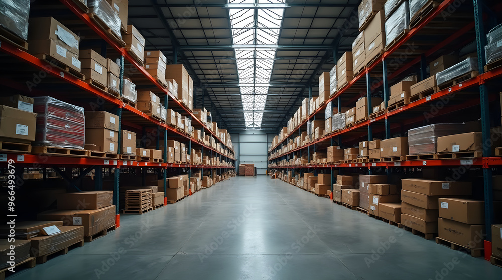 Warehouse interior with rows of shelves and pallets. Industrial background Warehouse interior with rows of shelves and pallets. Industrial background