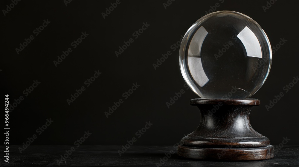 A clear crystal ball on a wooden base against a black background, symbolizing divination. A clear crystal ball on a wooden base against a black background, symbolizing divination.