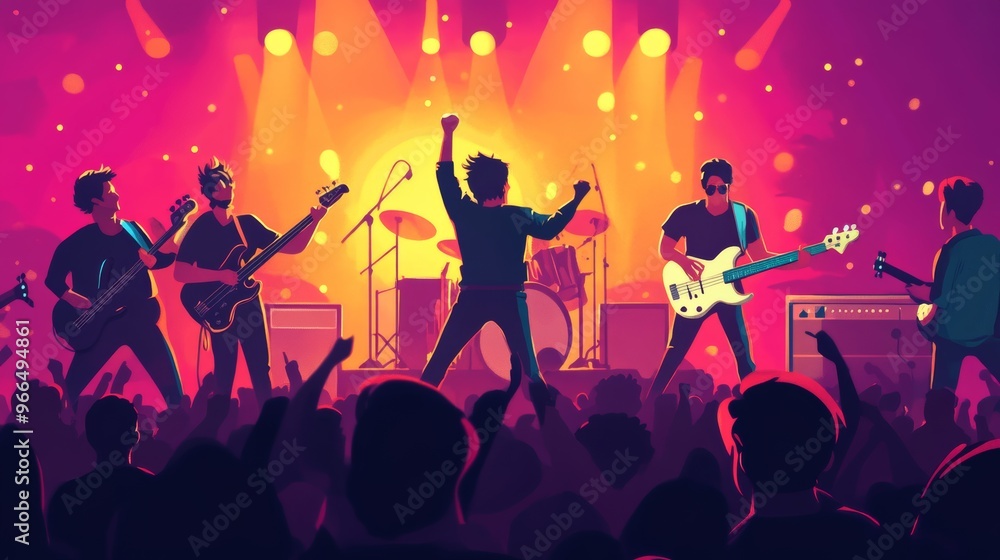 musican band in front of fans illustration musican band in front of fans illustration