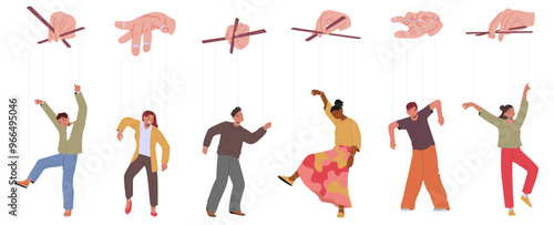 Cartoon People Characters Depicted As Puppets Breaking Free From Strings Held By Large Hands Symbolizing Manipulation