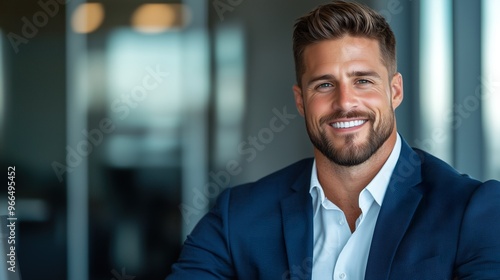 business man portrait, suited in formal business attire, standing in an office setting, arms crossed, looking determined, commercial use, office leadership, business expertise, corporate world