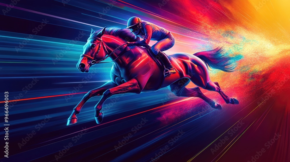 Futuristic vector illustration of a racing horse, with colorful speed rays and a dynamic background, emphasizing speed and movement Futuristic vector illustration of a racing horse, with colorful speed rays and a dynamic background, emphasizing speed and movement
