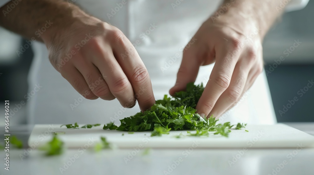 Chef's hands pluck fresh parsley on a cutting board, adding flavor to a dish in a professional kitchen Chef's hands pluck fresh parsley on a cutting board, adding flavor to a dish in a professional kitchen
