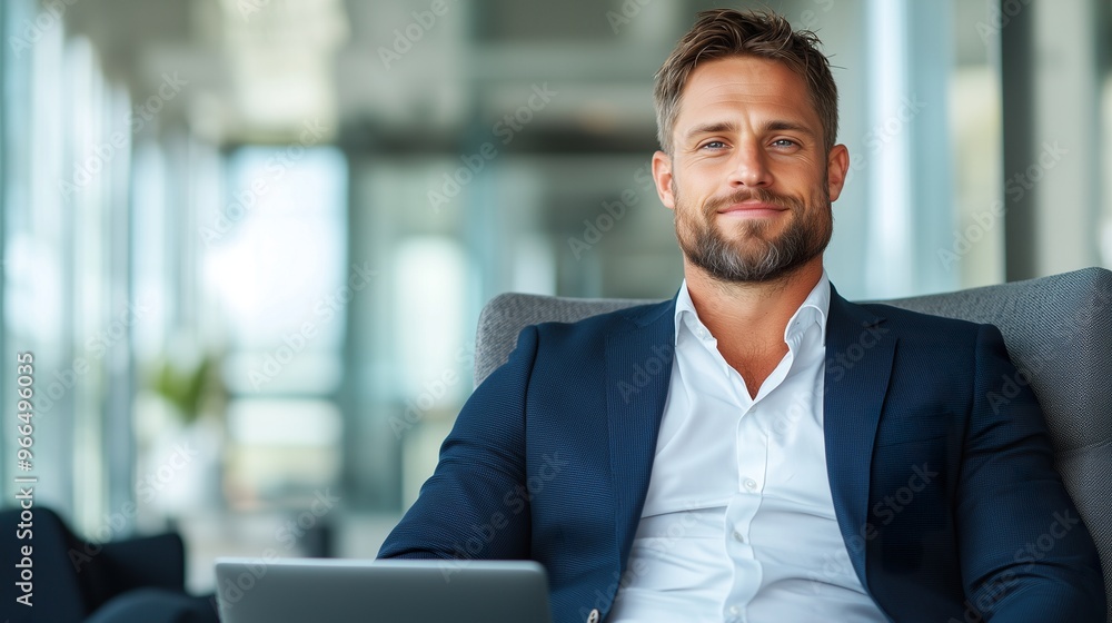 Business man signing documents in a modern office, smiling confidently, professional suit, corporate leadership, commercial use, business man in a decision-making role Business man signing documents in a modern office, smiling confidently, professional suit, corporate leadership, commercial use, business man in a decision-making role