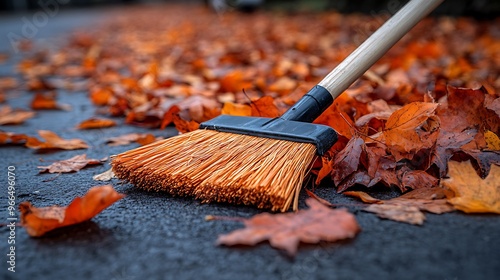 Wallpaper Mural A close-up of a broom resting on a pavement covered in fallen autumn leaves. Torontodigital.ca