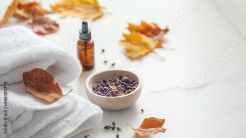 Fototapeta Naklejka Na Ścianę i Meble -  Relaxing spa treatment in cozy fall setting with natural elements and warm lighting. Embrace autumn with essential oils, aromatherapy, and pampering. Transport to beauty and tranquility