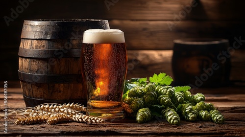 Mug of beer with green hops, wheat ears, grains and wooden barrel on wooden background