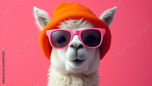 A funny llama wearing stylish pink sunglasses and an orange hat, presenting a playful and quirky anthropomorphic appearance.