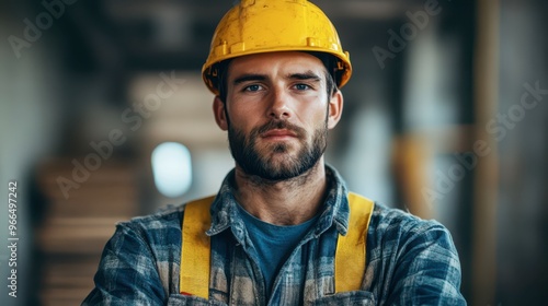 Young construction worker in hard hat stands confidently at a site