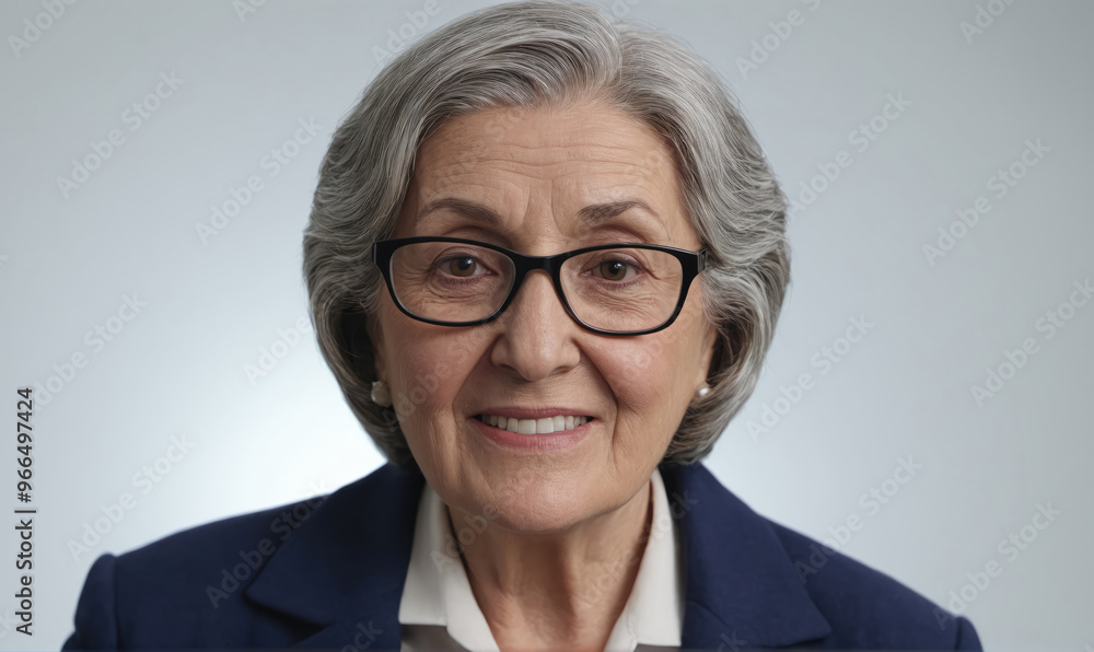 Fototapeta premium A woman with gray hair and glasses smiles for the camera