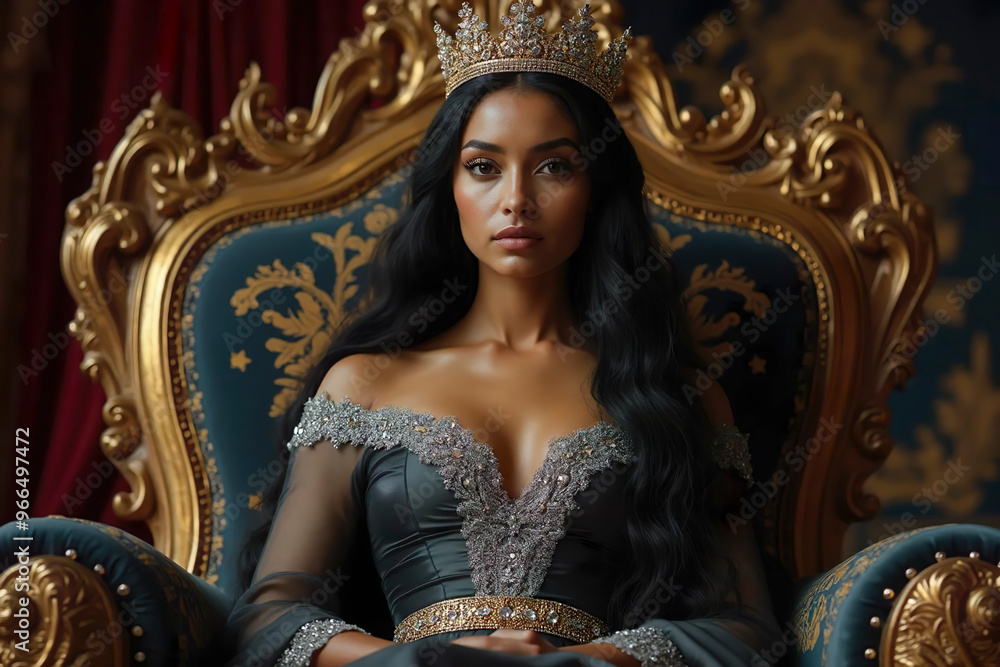 Fototapeta premium one young latino hispanic serious brunette princess sitting with crown on head with diamonds on golden royal throne. Beautiful queen in spanish style. alone honor pride woman wearing blue dress.