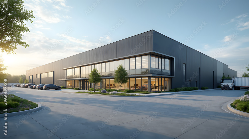 Modern industrial large warehouse with blue sky and clouds in the background. Industrial concept Modern industrial large warehouse with blue sky and clouds in the background. Industrial concept