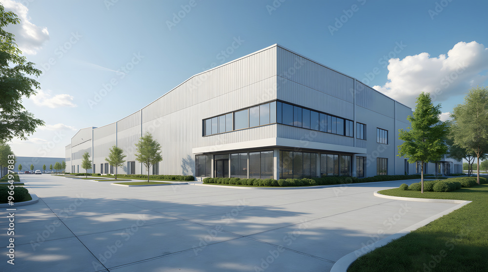 Modern industrial large warehouse with blue sky and clouds in the background. Industrial concept Modern industrial large warehouse with blue sky and clouds in the background. Industrial concept