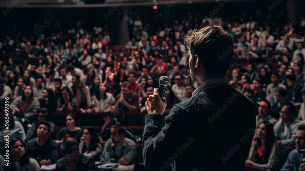 man giving a speech in a packed auditorium man giving a speech in a packed auditorium