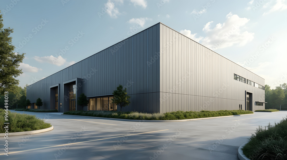 Modern industrial large warehouse with blue sky and clouds in the background. Industrial concept Modern industrial large warehouse with blue sky and clouds in the background. Industrial concept