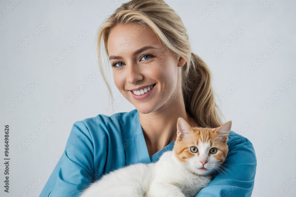 Portrait Of Happy Veterinarian Doctor Woman Holding A Cat, Posing With Healthy Feline Patient Over Gray Studio Background, Smiling At Camera. Pet Health Care And Routine Check Up Concept Portrait Of Happy Veterinarian Doctor Woman Holding A Cat, Posing With Healthy Feline Patient Over Gray Studio Background, Smiling At Camera. Pet Health Care And Routine Check Up Concept