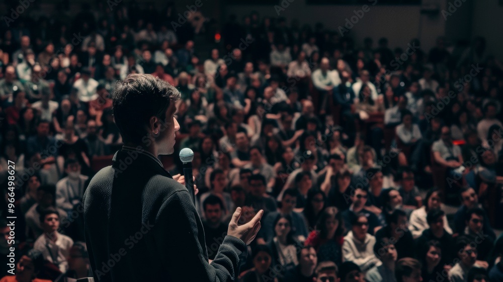 man giving a speech in a packed auditorium man giving a speech in a packed auditorium
